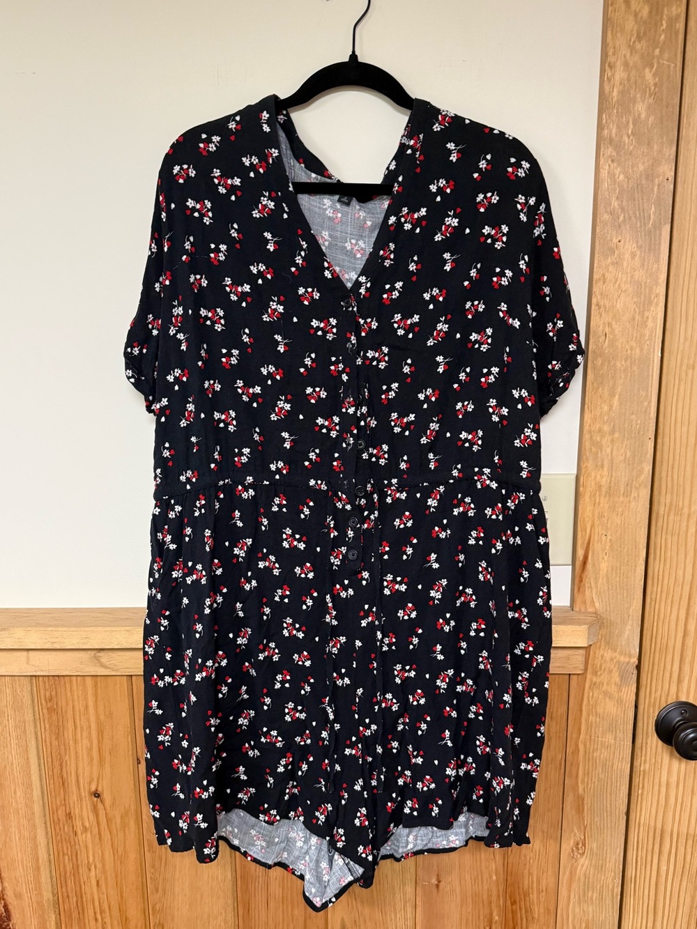 Torrid Black Floral Romper with Red and White Cherry Print